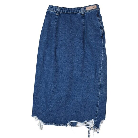 ZARA Deconstructed Denim Skirt S Raw Hem Y2K Grunge Asymmetrical - Picture 2 of 7